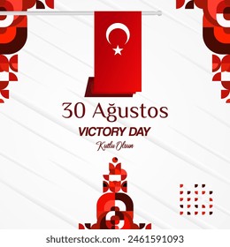 Square background for Victory Day of the Republic of Turkey, August 30. Modern geometric greeting card banner in monochrome red color for Turkish National day. Happy Victory Day design