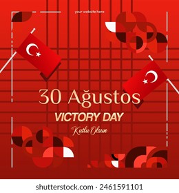 Fondo cuadrado para el Día de la Victoria de la República de Turquía, 30 de agosto. Anuncio geométrico moderno de la tarjeta de felicitación en color rojo monocromo para el día nacional turco. Diseño de Feliz Día de la Victoria