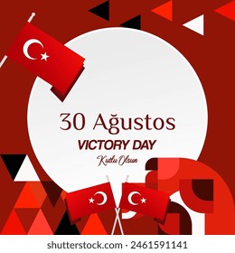 Quadratischer Hintergrund für den Tag des Sieges der Republik Türkei, 30. August. Moderner geometrischer Grußkarten-Banner in einfarbigem Rot zum Türkischen Nationalfeiertag. Happy Victory Day Design