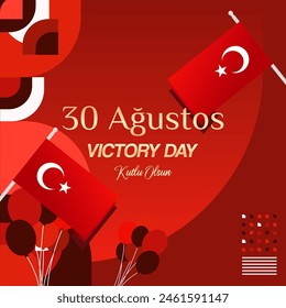 Square background for Victory Day of the Republic of Turkey, August 30. Modern geometric greeting card banner in monochrome red color for Turkish National day. Happy Victory Day design