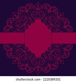 Square background with vintage frame for text and circular ethnic mandala ornament in purple and pink tones.