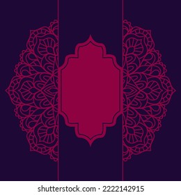 Square background with vintage frame for text and circular ethnic mandala ornament in purple and pink tones.
