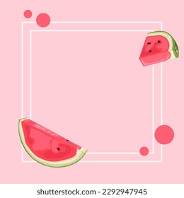 Square background with watermelon slices and square frame. The background is pink with summer fruits.