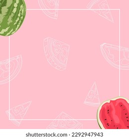 Square background with watermelon slices in realistic style. The background is pink with summer fruits.