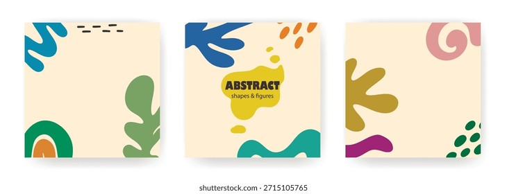 Square backgrounds with abstract hand drawn shapes and elements. Cute templates for postcards, brochures and advertisements. Set of modern postcards with whimsical design, vector graphics