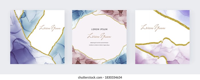 Square backgrounds for banners with alcohol ink texture and leaves