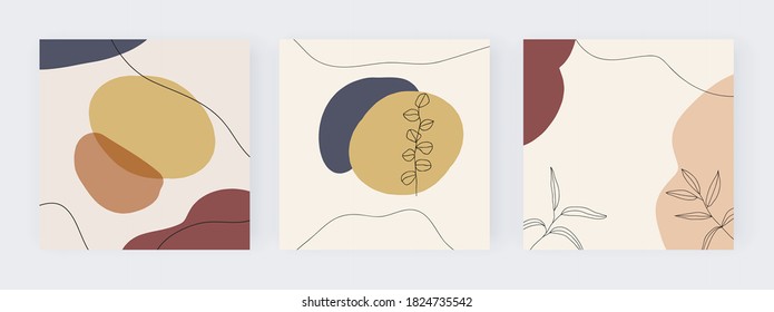 Square backgrounds banners with orange, blue freehand spherical shapes with lines and leaves.