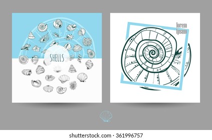 Square backgrounds with beautiful shells. Marine design.