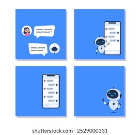 Planos de fundo quadrados com conceito Chatbot e espaço de cópia para texto. Banners vetoriais Comunicação IA, projetos de serviço ao cliente e projetos de assistente digital