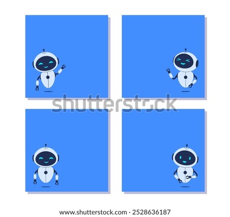 Square backgrounds with robot and copy space for text on blue background. Vector banners for tech-themed designs, chatbot concepts and digital communication projects