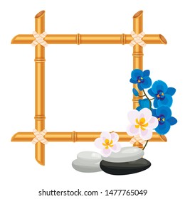 Square bamboo frame flat vector illustration. Creative rectangular picture border with copyspace. Rope bind wooden sticks with beautiful flowers and spa stones. Asian decorative design element