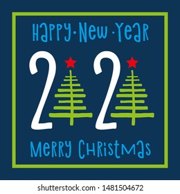 Square banner 2020 on a blue background lettering Merry Christmas and Happy New Year. Template greeting card, brochure or banner 