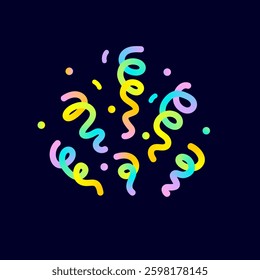 Square banner with 3d confetti from party poppers, flying up and to the sides neon ribbon, streamers on black background, fireworks for birthday celebration with empty space for text. Vector EPS10