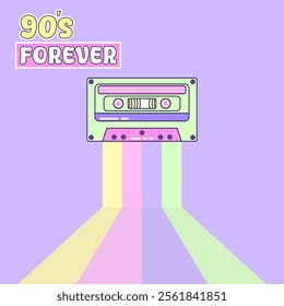 Square banner 90s forever with audio cassette. Colored stripes flow out of the cassette. Retro music concept. Retro illustration with outline in 90s style. Vector illustration.