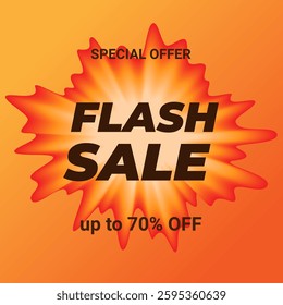 Square banner with abstract gradient Y2k spot, splash, flash, explosion. Blur background with Flash sale inscription, 70%off,  Discount. Autumn palette. Vector illustration EPS10