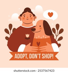 Square banner to adoption dog. Naive illustration with dog and young woman owner, who hugging her puppy, clouds, plants on background, text "Adopt, Don't Shop!" Flat style. Female cartoon character.