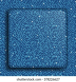 Square banner or background with blue sequins, glitters, sparkles, paillettes. Disco party light music with shiny sequins. Blue dots glitter texture. Metallic glowing cloth. Bright wall. Repeat.