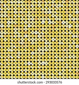 Square banner or background with gold sequins, glitters, sparkles, paillettes. Disco party light music with shiny sequins. Gold dots glitter texture. Metallic glowing cloth. Bright wall. Repeat.