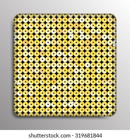 Square banner or background with gold sequins, glitters, sparkles, paillettes. Disco party light music with shiny sequins. Gold dots glitter texture. Metallic glowing cloth. Bright wall. Repeat.
