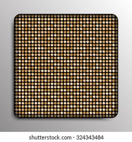 Square banner or background with gold sequins, glitters, sparkles, paillettes. Disco party light music with shiny sequins. Gold dots glitter texture. Metallic glowing cloth. Bright wall. Repeat.