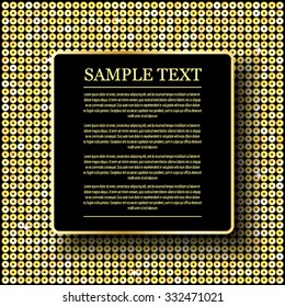 Square banner or background with gold sequins, glitters, sparkles, paillettes. Disco party light music with shiny sequins. Gold dots glitter texture. Metallic glowing cloth. Bright wall. Repeat.