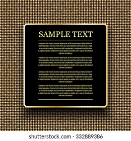 Square banner or background with gold sequins, glitters, sparkles, paillettes. Disco party light music with shiny sequins. Gold dots glitter texture. Metallic glowing cloth. Bright wall. Repeat.