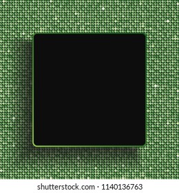 Square banner or background with green sequins, glitters, sparkles, paillettes. Disco party light music with shiny sequins. Green dots glitter texture. Metallic glowing cloth. Bright wall. Repeat.