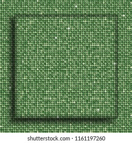 Square banner or background with green sequins, glitters, sparkles, paillettes. Disco party light music with shiny sequins. Green dots glitter texture. Metallic glowing cloth. Bright wall. Repeat.