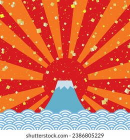 Square banner background with Mt. Fuji, the first sunrise of the year, and gold leaf in a wave pattern