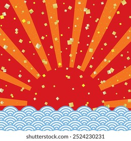 Fundo de banner quadrado com o nascer do sol do Ano Novo vermelho e ondas azuis do oceano com folha de ouro