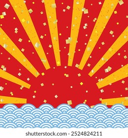 Square banner background with red New Year's sunrise and blue ocean waves with gold leaf on yellow background