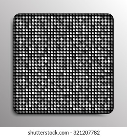 Square banner or background with silver sequins, glitters, sparkles, paillettes. Disco party light music with shiny sequins. Silver dots glitter texture. Metallic glowing cloth. Bright wall. Repeat.