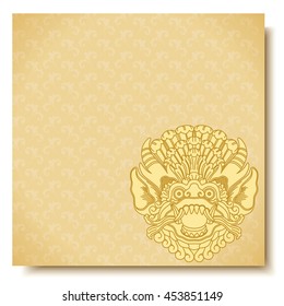 Square banner with Barong head. Balinese traditional ornament. Gold background.