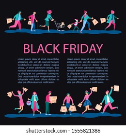 Square Banner for Black Friday sale. People running after shopping, tearing off discount coupons from a Xmas tree. Flat Art Vector illustration