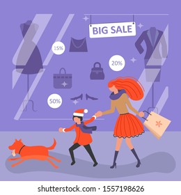 Square Banner for Black Friday sale. People running after shopping along the storefront with discount coupons. Flat Art Vector illustration