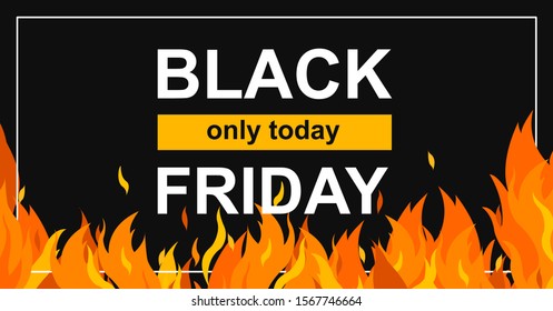 Square banner with Black Friday template for web, social media, poster, card. Background for hot offer with frame fire graphic. Vector Illustration