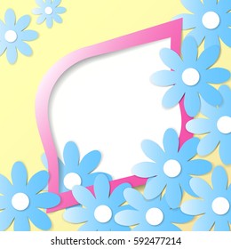 square banner with blue flowers and space for text. Template background with a pattern in the style of paper application. Floral Greeting card. Origami design.