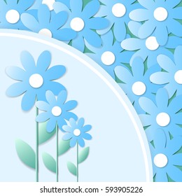 square banner with blue flowers and space for text. Template background with a pattern in the style of paper application. Floral Greeting card. Origami design.