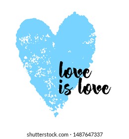 Square banner with a blue heart and the inscription Love is Love. Template greeting card, brochure or wallpaper. Vector 