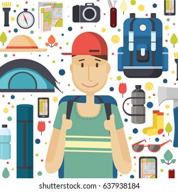 Square banner with boy tourist.  Young smile man is a traveler with a pattern of things for tourism and travel. Poster with Icons of  backpack, fanatic, map, smartphone, tent, booth and camera. Vector