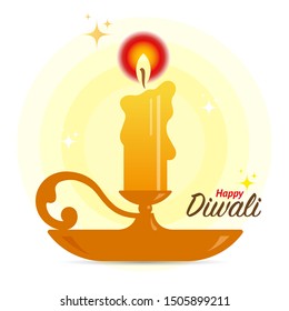 Square banner with a burning candle in a gold candlestick. Concept on the theme of the traditional celebration of Happy Diwali. Festival of Lights and Lights 