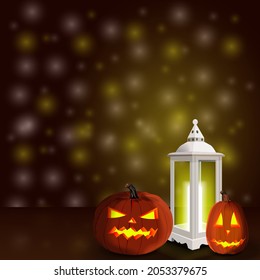 Square banner with carved glowing pumpkins and lantern with light inside on a dark brown background with bright highlights and glow. Template. Poster. Halloween. October. Autumn. Vector illustration.