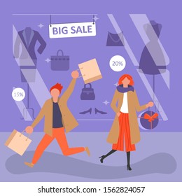 Square Banner for CBlack Friday sale. People running after shoppingalong the storefront with discount coupons. Flat Art Vector illustration