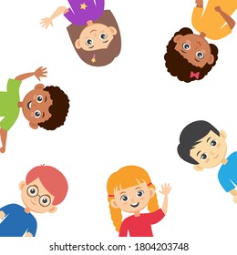 Square Banner With Children Looking Out. Multiracial Kids Peeking Out And Waving Vector Illustration