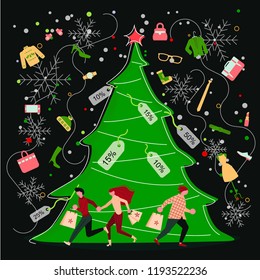 Square Banner for Christmas sale. People running after shopping, tearing off discount coupons from a Xmas tree. Vector illustration eps 10