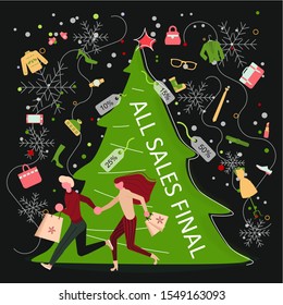 Square Banner for Christmas sale. People running after shopping, tearing off discount coupons from a Xmas tree. Flat Art Vector illustration