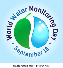 Square banner with clean drop of water and green leaf, Clean water concept. World Water Monitoring Day. Poster, postcard. Vector 