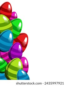 Banner cuadrado con coloridos huevos a rayas de Pascua en el lateral para palabra y texto sobre fondo blanco. Ilustración de primavera en estilo plano. Vector de vacaciones clipart para el diseño de la tarjeta, banner, flyer, póster