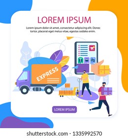 Square Banner with Copy Space. Big Hand Gives Box Through Smartphone Screen, Online Application, Express Delivery Car, Cartoon Courier Characters, E-commerce Digital Sales, Flat Vector Illustration