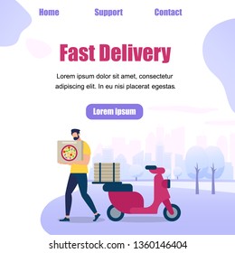 Square Banner with Copy Space. Cartoon Man Character Carry Pizza Box in Hands on City View Background. Delivery by Scooter, Courier Service, Shipping, Food Online Ordering Flat Vector Illustration.
